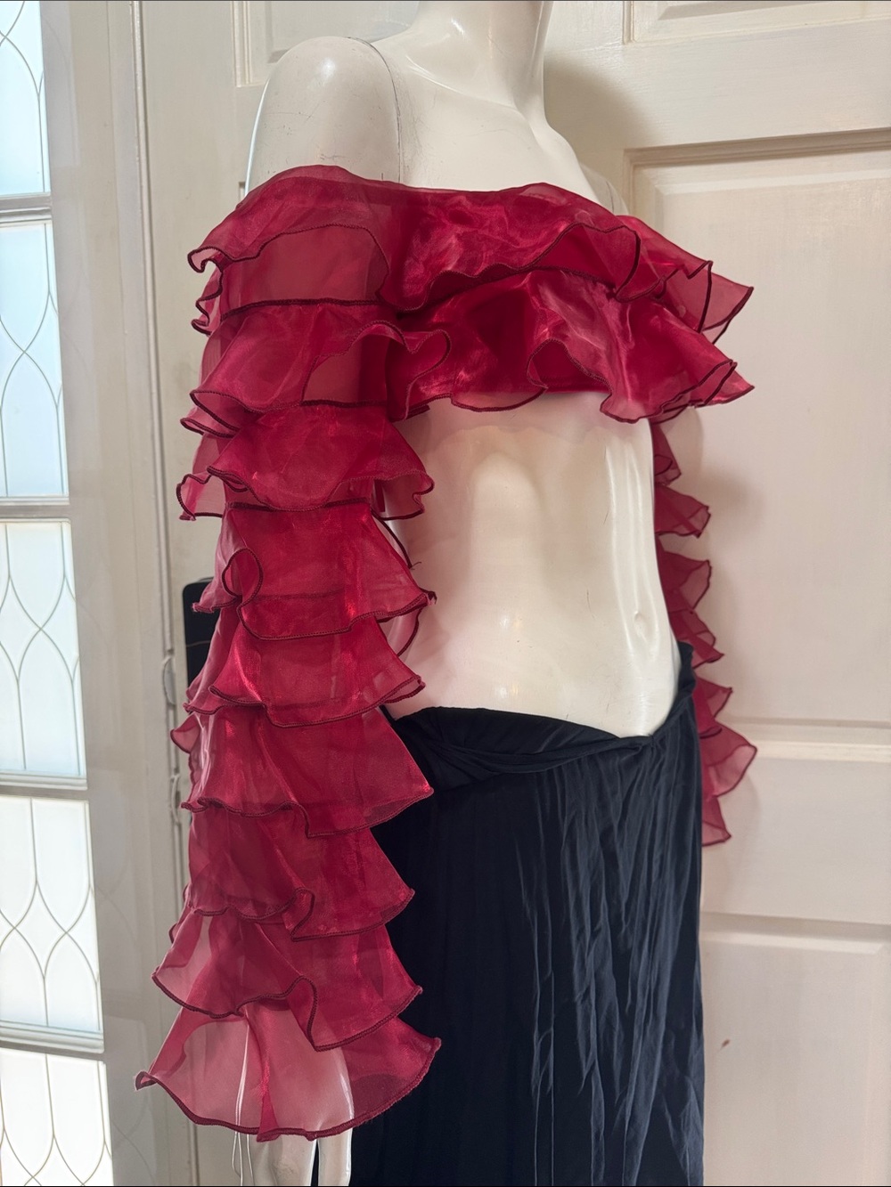 Anewsta Ruffled Off-Shoulder Crop Top in Fuchsia size small - Picture 6 of 13
